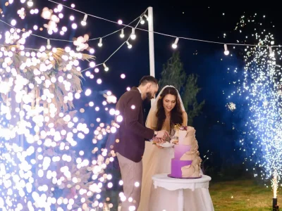 newlyweds-evening-celebration-wedding-cutting-cake-outdoors (1)